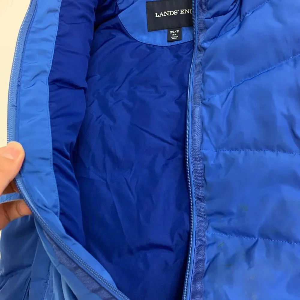 Lands End Down Puffer Vest Womens XS Extra Small Cobalt Blue Zip Up Snap Pockets